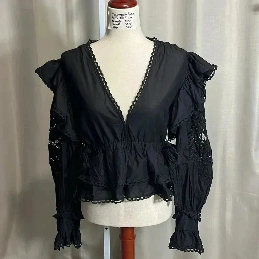 Farm Rio Black Lace Sleeve Ruffled Blouse (Size S) - Picture 13 of 13